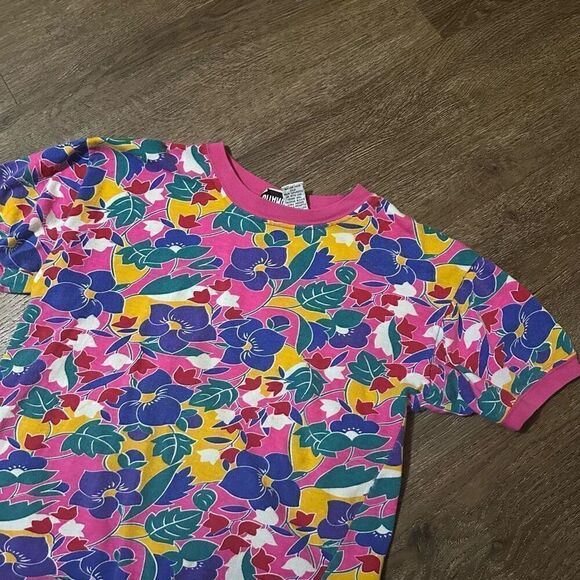 Vintage Gitano Girls Floral Ringer Shirt Pink Girls Size L 14 Cotton Retro 90s - Picture 5 of 11